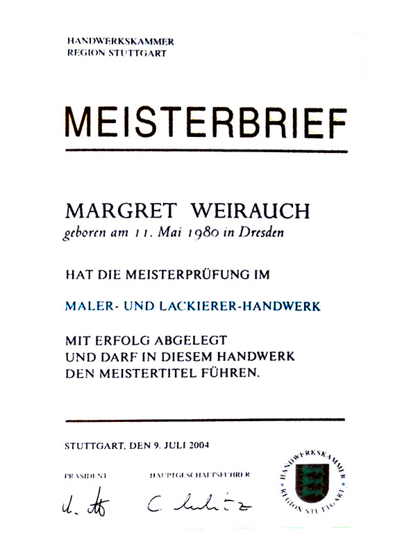 Meisterbrief - Margret Weirauch